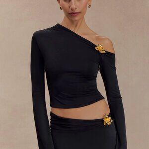 Meshki Ainsley Asymmetrical Long Sleeve Top With Floral Hardware - Black